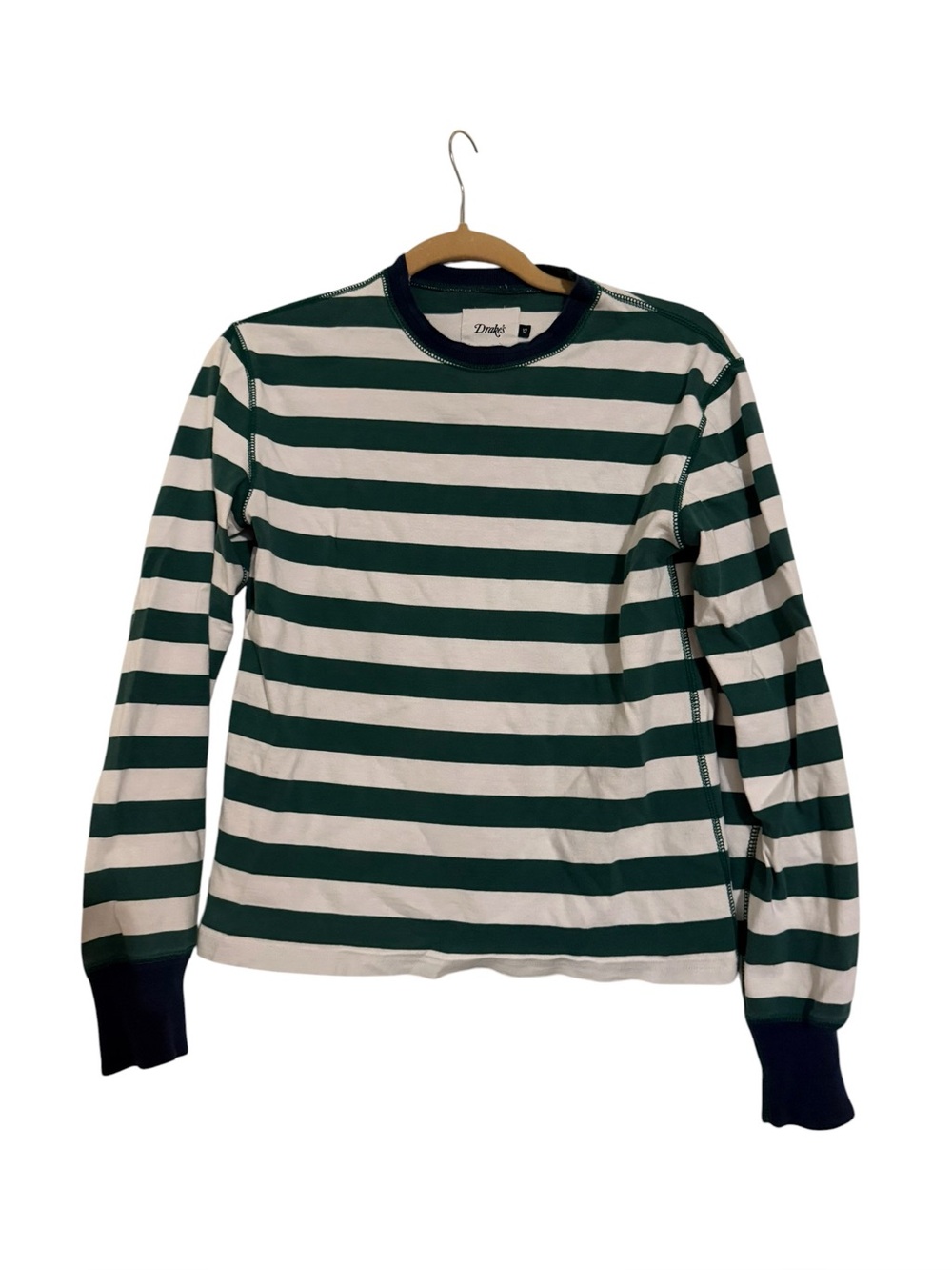 Drake’s London Green White Stripe Long Sleeve Cotton Tee Size XS Savile Row